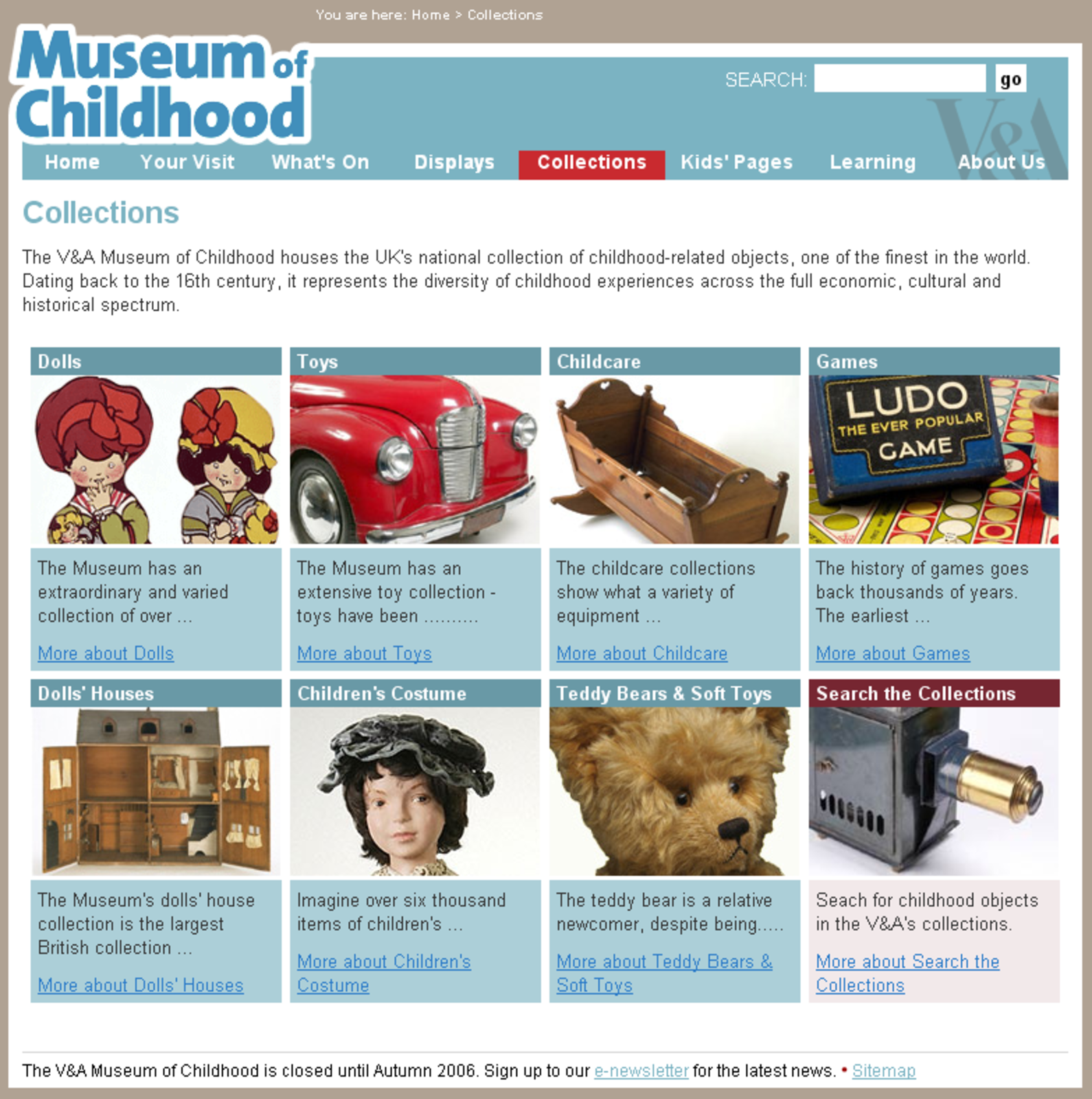 The Collections page from the Museum of Childhood site